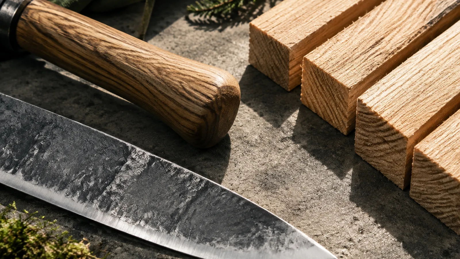 Materialstudie: geschmiedete Stahlklinge, geölter Eschenholm und Lärchenbretter