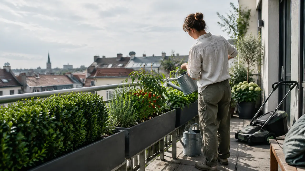 Foto: eine Frau gießt auf einem Stadtbalkon Kräuter und Tomaten, deutsche Dächer im Hintergrund