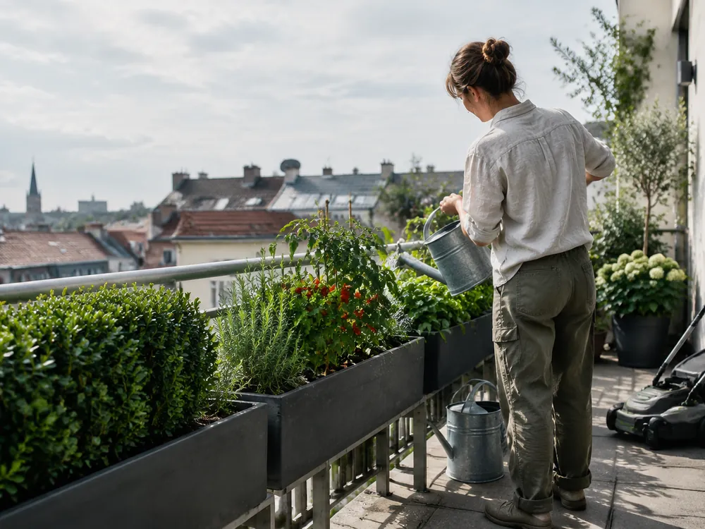 Foto: Frau gießt auf einem Stadtbalkon Kräuter und Tomaten