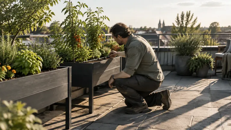Foto: ein Mann prüft auf einer Dachterrasse die Tropfer einer Bewässerungsanlage