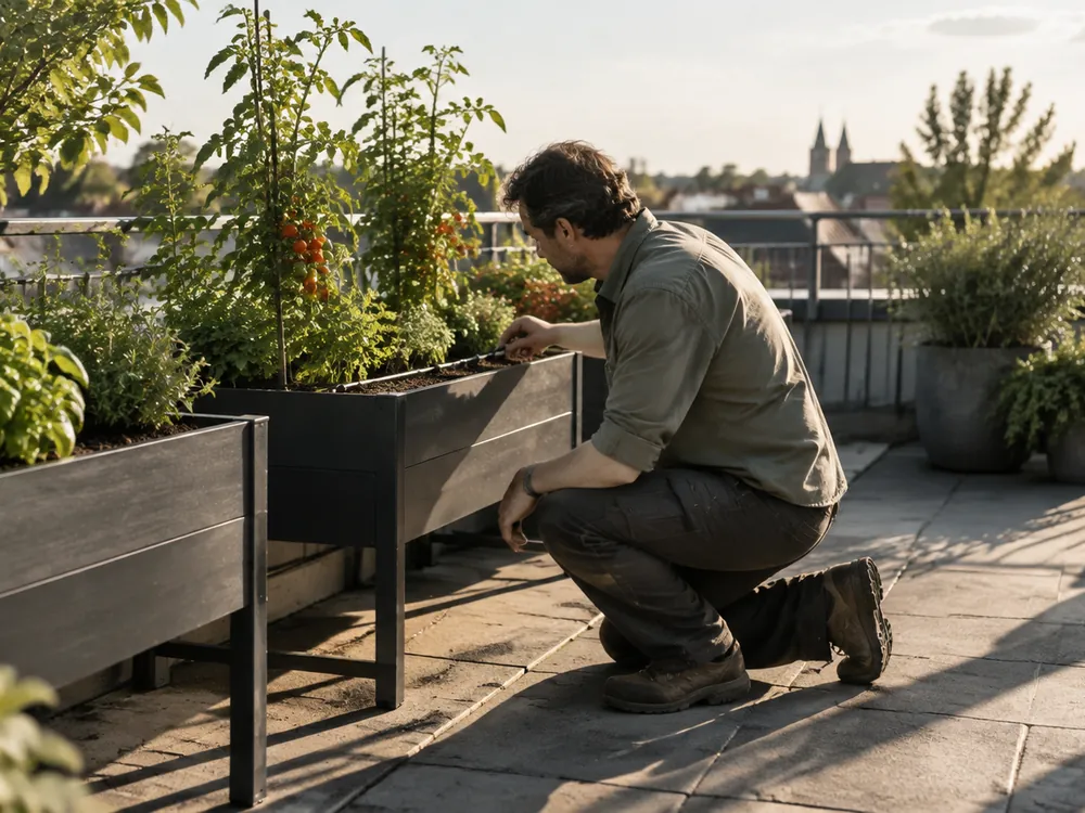 Foto: Mann prüft auf einer Dachterrasse Tropfbewässerung