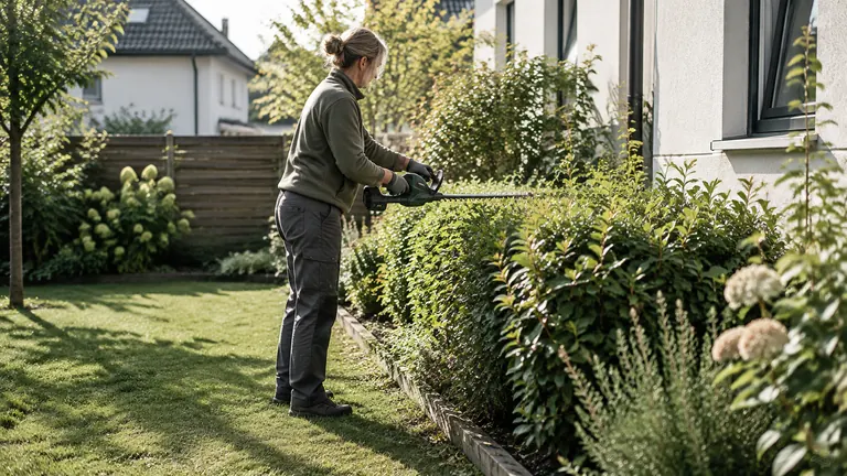 Foto: eine Frau schneidet auf einem kleinen Stadtgrundstück eine Hecke mit der Akku-Heckenschere