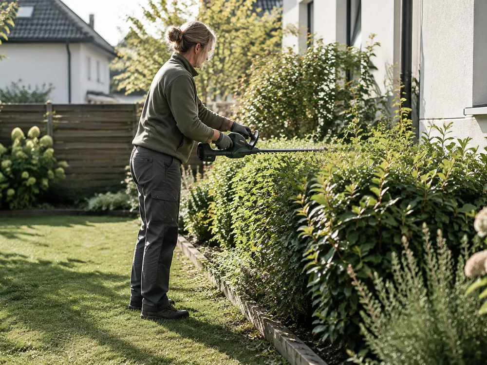 Foto: Frau schneidet eine Hecke vor einem Stadthaus